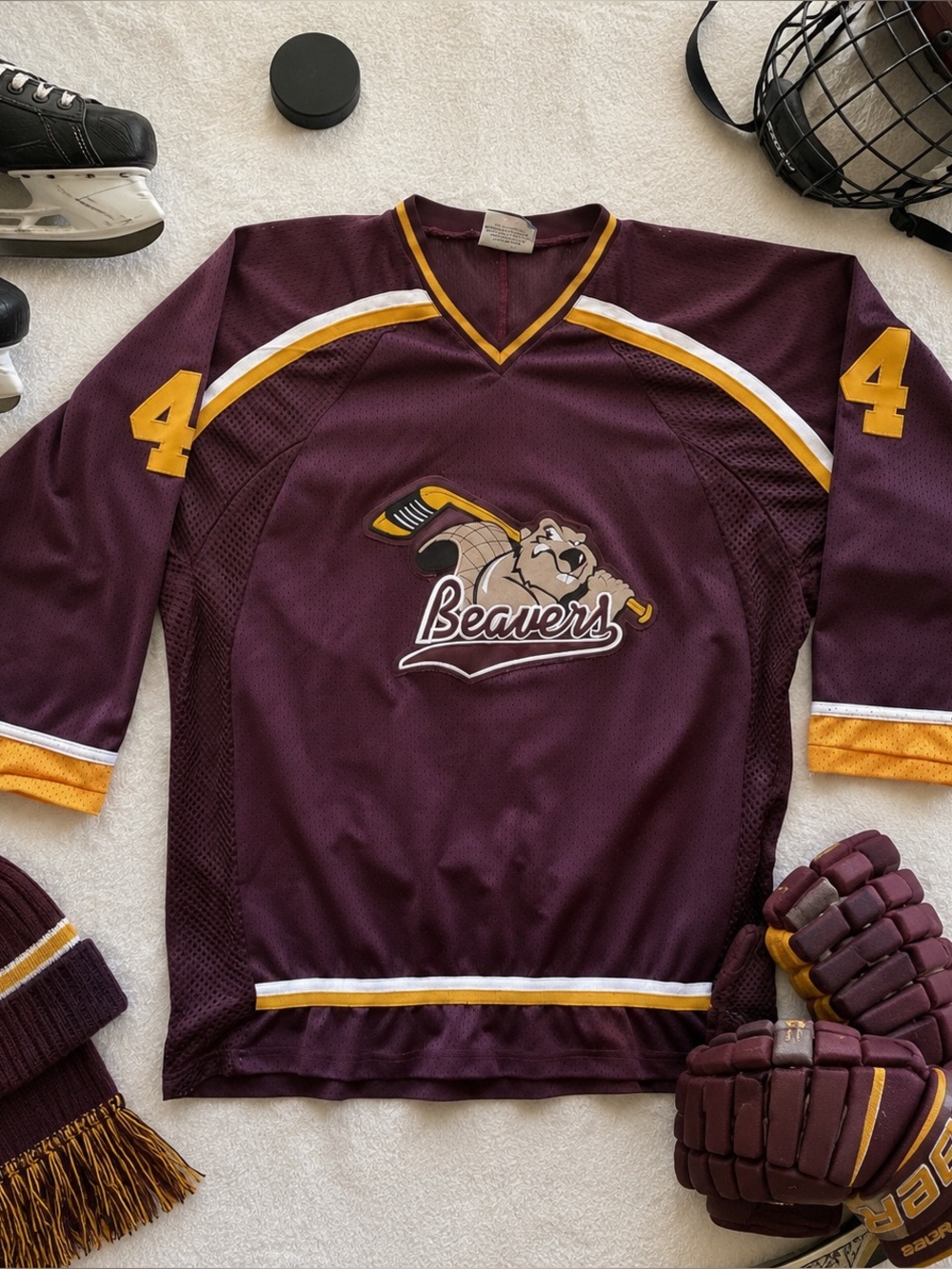 K1 Sportswear Vintage Beavers Hockey Game Jersey #44 XL Burgundy Yellow White